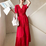 Purpdrank - Boho Women Maxi Party Dress Single Breasted Sexy White Lace Cotton Tunic Long Beach Dress Summer Vocation