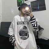 Purpdrank - Autumn tshirt Casual Letter Print O-Neck stripe Tees Creativity Loose T-Shirts Women Long Sleeve Oversize top Hip Hop Streetwear