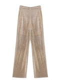 Purpdrank - Autumn New Women's Pants Solid Color Button Fly High Waist Straight Wide Leg Sequined Trousers Female Tide