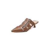 Purpdrank - Retro High Heel Covered Belt Buckle Sandals Women Spring Summer 2023 New Punk Style Versatile Pointed Toe Mules Shoes for Women