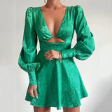 Purpdrank - 2023 Summer Women Mini Satin Dress Club Wear Night Floral Print Long Sleeve Short Sexy Party Dress