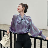 Purpdrank - 2023 New Arrival Spring Summer Korean Style Women Loose Casual Bow Long Sleeve Blouse All-matched Vintage Mesh Shirts
