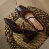 Purpdrank - Genuine Leather Mary Jane Women's Shoes Fashion Retro Buckle Shallow Pumps Square Toe Thick Heel Handmade Shoes Woman Size 34-40