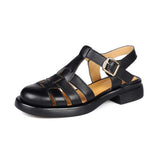 Purpdrank - Genuine Leather Women Retro Fisherman Sandals New Summer Buckle Low Heels Black Khaki White Closed Toe Shoes SmallHut Brand