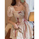 Purpdrank - Floral Lace Dress Mori Girl Style Elegant Puff Sleeve Bandage Kawaii Fairy Princess Mini Short Dresses Woman