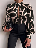 Purpdrank - Sexy Tie-Up Backless Hollow Out Crop Tops Women Elegant Long Sleeve Turtleneck Blouse Spring Casual Retro Print Lady Shirt Blusa