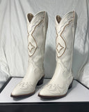 Purpdrank - White Cowboy Western Knee High Boots Design Chunky Heel Pointed Toe Slip On Autumn Long Boots Ridding Casual Shoes