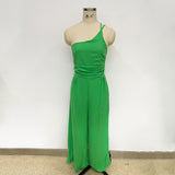Purpdrank - Waist Folds Backless Double Strap Casual Wide Leg Jumpsuit Long Pants Green 2023 New Female Loose  Jumpsuit