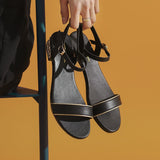 Purpdrank - Women Genuine Leather Sandals Low Heel Buckle Strap Ladies Open Toe Black Beige Metal Decoration Summer Female Shoes SmallHut