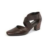 Purpdrank - Woman Cowhide Summer Shoes Cross-Tied Sandals Women Pumps Thick Heel Lady Spring Autum Retro Pumps