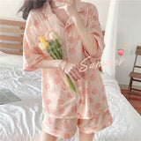 Purpdrank - Korean Pajama for Women Summer Loungewear Sleepwear Sets Girls Sweet Plaid Lapel Pyjama Kawaii Ruffle Pijama Japanese Home Suit