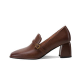 Purpdrank - New Genuine Leather Women's Shoes LEISURE Shallow Pumps Spring/Autumn Square Toe Chunky Heel Shoes Woman Zapatos De Mujer