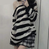 Purpdrank - Punk Gothic Long Sweater Women Dark Aesthetic Striped Pullovers Hollow Out Oversized Grunge Jumpers Emo Alt Clothes Y2k