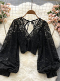 Purpdrank - Autumn Black/White/Brown Sexy Lace Blouse Women Elegant V-Neck Puff Long Sleeve Open Back Short Tops Female Party Blusas 2023