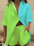 Purpdrank - Summer Casual Ladies 2 Piece Fashion Short Sleeve Lapel Cardigan Tops and Elastic Waist Pocket Shorts Set Solid Loose Women Suit