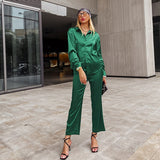 Purpdrank - Simplee Casual button loose women satin pants set green Office fashion long sleeve two piece sets High street pocket suit