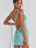 Purpdrank - Spaghetti Strap Backless Pleated Mini Dress For Women Summer New Sleeveless Lace Up Ruched Dress Bodycon Short Vestidos