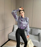Purpdrank - 2023 New Arrival Spring Summer Korean Style Women Loose Casual Bow Long Sleeve Blouse All-matched Vintage Mesh Shirts
