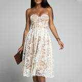 Purpdrank - Summer Women Off Shoulder Party Dress Wedding Guest Sleeveless Black White Lace Strapless Evening Dress