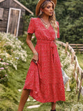 Purpdrank - 2023 New Bohemia Floral Print Ruffles Summer Dress For Women Casual A-line V-neck Sashes Vintage Dress Women Party Dress