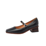 Purpdrank - New Genuine Leather Mary Jane shoes Women's Shoes Retro Buckle Shallow Heel Pumps Square Toe Shoes Woman Zapatos De Mujer
