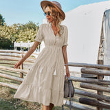 Purpdrank - Women Elegant Striped Lantern Sleeve Summer Dress Causal V-neck Button Ruffles Midi Dress Women Beach Holiday Party Dress