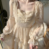 Purpdrank - Summertime Outfits Medieval Romantic French Court Style Dress Womens Spring Flare Sleeve High Waist Elegant Female Dress Vintage Long Dresses