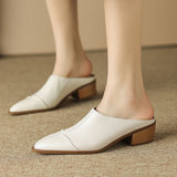 Purpdrank - Genuine Leather Spring Women Muller Slippers Hollow Square Toe High Heel Solid Color Comfortable and Breathable Casual Slippers