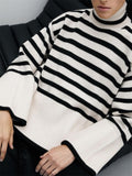 Purpdrank - Winter Women’s Long Sleeves Knit Sweater Turtleneck Striped Print Loose Pullover Tops New Autumn Oversized Sweater