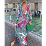 Purpdrank - Spring Autumn Women Loose Casual Pullover Dress Sexy Deep V Boho Long Dress Fashion Print Beach Long Dresses Vestidos