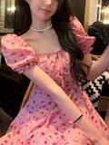Purpdrank - 2023 Summer Pink Floral Midi Dress Women Causal Slim Evening Party Dress Office Lady Kawaii One Piece Dress Korean Fashion Chic