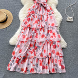 Purpdrank - Women Ruffled Dress Floral Backless Vacation Summer Sashes Zipper Sleeveless Ladies Print Long A Line Dresses