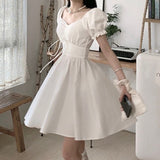 Purpdrank - Sweet White Puff Sleeve Dress Women Mori Vintage Wrap Bodycon Short Dresses Preppy Style School Robes Female