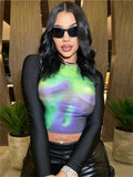 Purpdrank - Summer Y2K Streetwear Tops Clothes For Women 2023 O Neck Long Sleeve Crop Tops Graphic Print Black Tees Shirts Female
