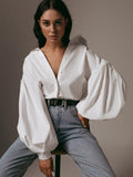 Purpdrank - New Lantern Sleeve Elegant Shirt Blouse White Black Sexy Button Vintage Turn Down Collar Office Ladies Shirt Female Casual