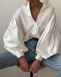 Purpdrank - New Lantern Sleeve Elegant Shirt Blouse White Black Sexy Button Vintage Turn Down Collar Office Ladies Shirt Female Casual