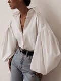 Purpdrank - New Lantern Sleeve Elegant Shirt Blouse White Black Sexy Button Vintage Turn Down Collar Office Ladies Shirt Female Casual