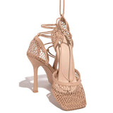 Purpdrank - Fishnet Squared Toe Lace Up Heels