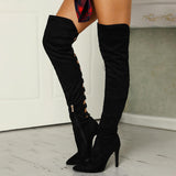 Purpdrank - Black Fashion Sexy Hollowed Out Solid Color Pointed High Heel High Boots