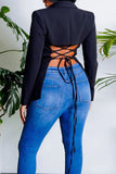 Purpdrank - Tangerine Red Street Solid Bandage Patchwork Buttons Turn-back Collar Outerwear