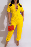 Purpdrank - Yellow Fashion Casual Solid Patchwork Turndown Collar Regular Jumpsuits
