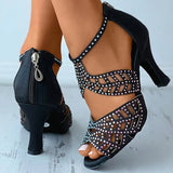 Purpdrank - Women's Heels Sandals Plus Size Sparkly Sandals Party Outdoor Daily Summer Spring Rhinestone High Heel Peep Toe Elegant Sexy Classic Satin Zipper Solid Color Solid Colored Black