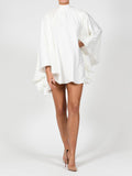 Purpdrank - Solid Color High-Neck Backless Flared Sleeves Mini Dress