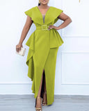 Purpdrank - Plus Size Contrast Mesh Split Prom Dress With Belt