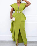 Purpdrank - Plus Size Contrast Mesh Split Prom Dress With Belt