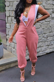 Purpdrank - Pink Casual Street Daily Simplicity Patchwork Pocket Contrast Asymmetrical Collar Regular Jumpsuits