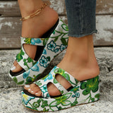 Purpdrank - Green Casual Daily Hollowed Out Patchwork Printing Round Comfortable Out Door Wedges Shoes (Heel Height 2.36in)