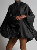 Purpdrank - Solid Color High-Neck Backless Flared Sleeves Mini Dress