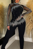 Purpdrank - Black Elegant Solid Patchwork Mesh Hot Drill Turtleneck Skinny Jumpsuits