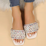 Purpdrank - Cream White Casual Patchwork Pearl Rhinestone Square Comfortable Shoes